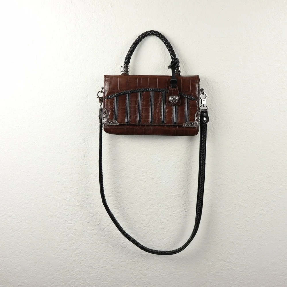 Mark Chantal Y2K 90s Dark Brown Croc Embossed Handbag Heart Charm Clutch Crssbdy